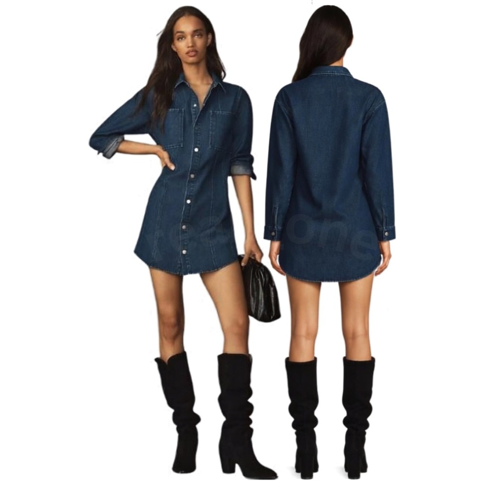 Mare Mare Anthropologie Blue Denim Dark Wash Snap Front Mini Shirt Dress Small
